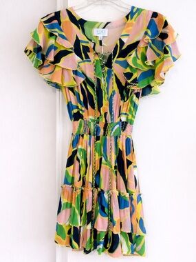 TAJ by Sabrina Crippa Ruffle Mini Dress Tropical Print NWT Size S